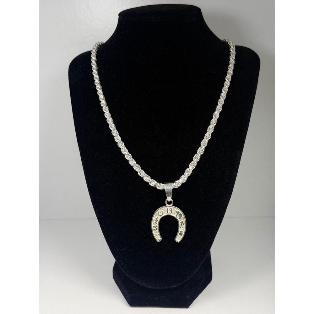 Sterling Silver 925 Lucky 13 Horseshoe Pendant Rope Chain Necklace Italy 19 Inch